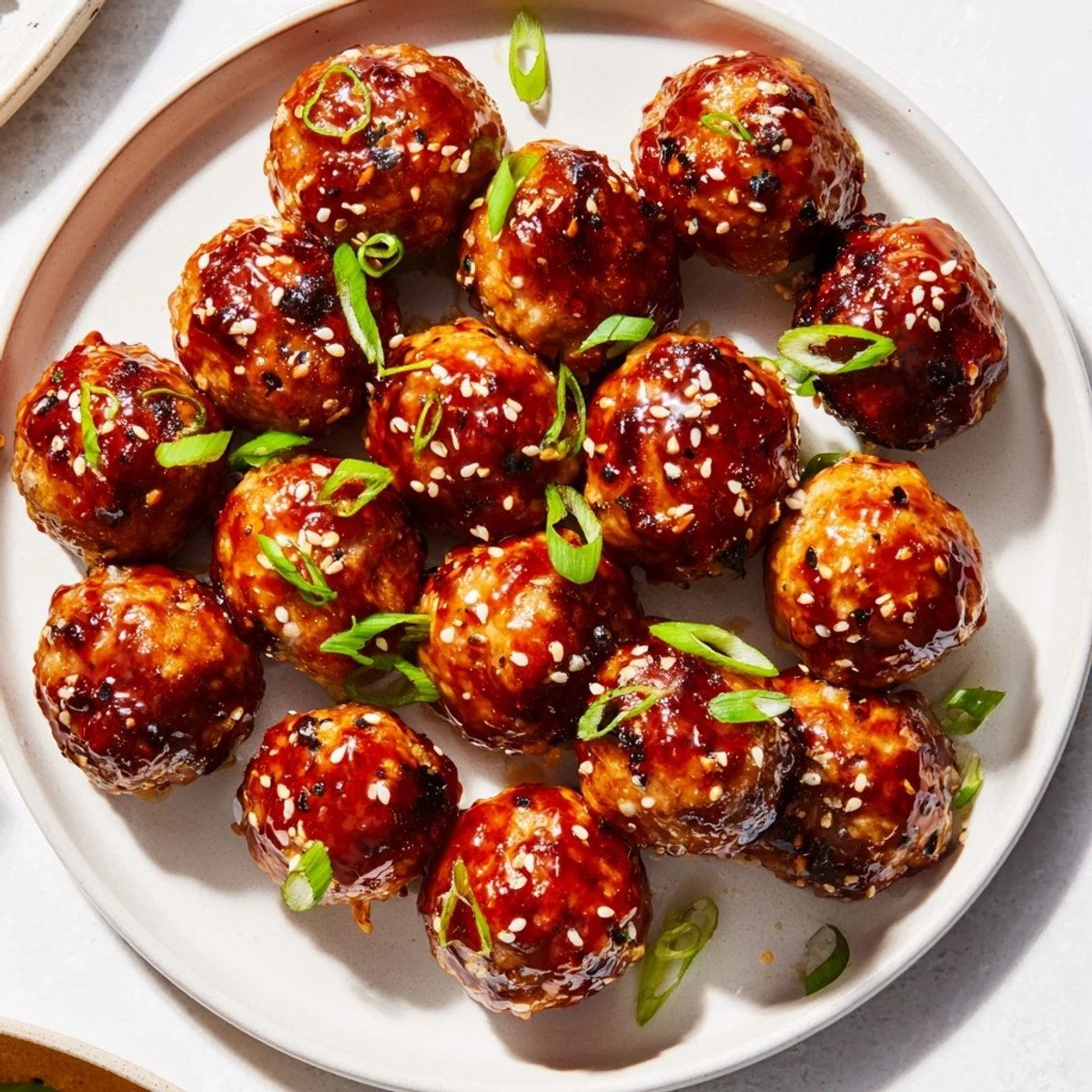 Spicy Honey-Glazed Chicken Meatballs glistening in a rich, amber glaze, ready to serve with rice.