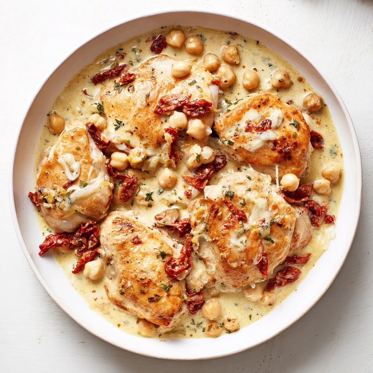 Golden-brown High-Protein Marry Me Chicken and Chickpeas, creamy sauce, served with fresh herbs for flavor.