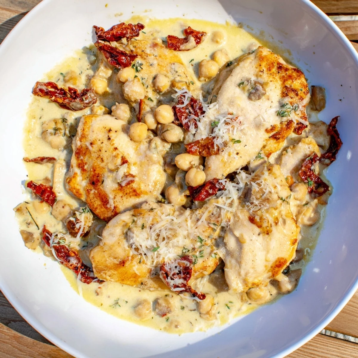 Tender chicken breasts in a rich, savory High-Protein Marry Me Chicken and Chickpeas dish, featuring chickpeas.