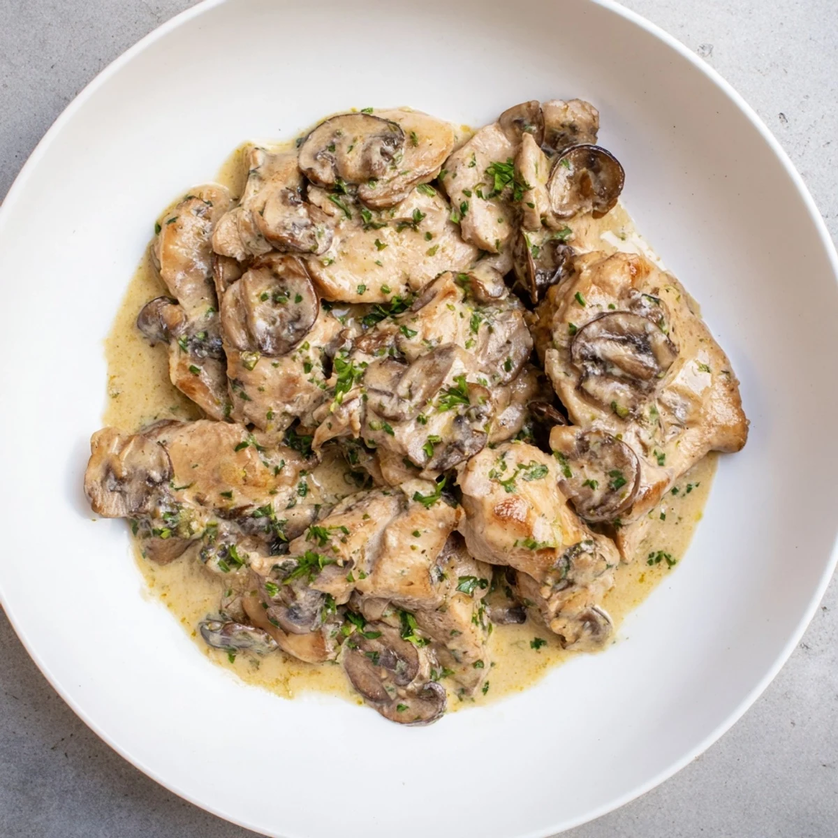 Golden-brown Tarragon Chicken & Mushroom Skillet, a creamy, savory, one-pan meal, ready to serve.