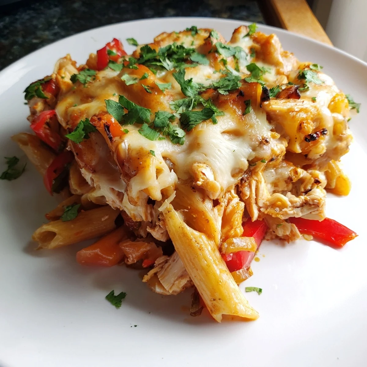 A close-up of cheesy, steaming Salsa Chicken Pasta, showing the delicious ingredients and textures.