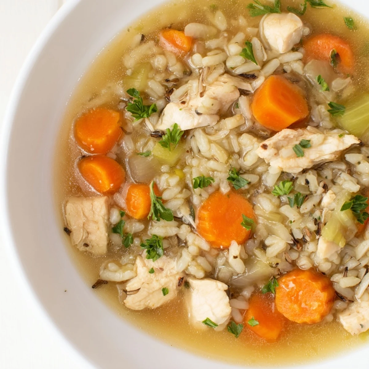 Hearty Quick Chicken and Wild Rice Soup served in a white bowl, perfect for a warming lunch or dinner.