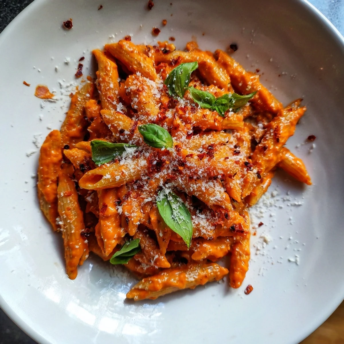 Close-up of the delicious 15-Minute Creamy Red Pepper Pasta, swirled with a rich, vibrant sauce.