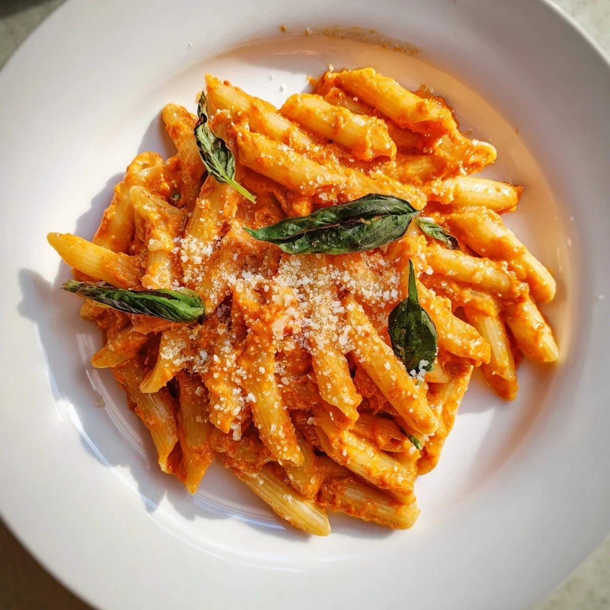 A beautiful bowl of 15-Minute Creamy Red Pepper Pasta, topped with fresh basil and Parmesan cheese.