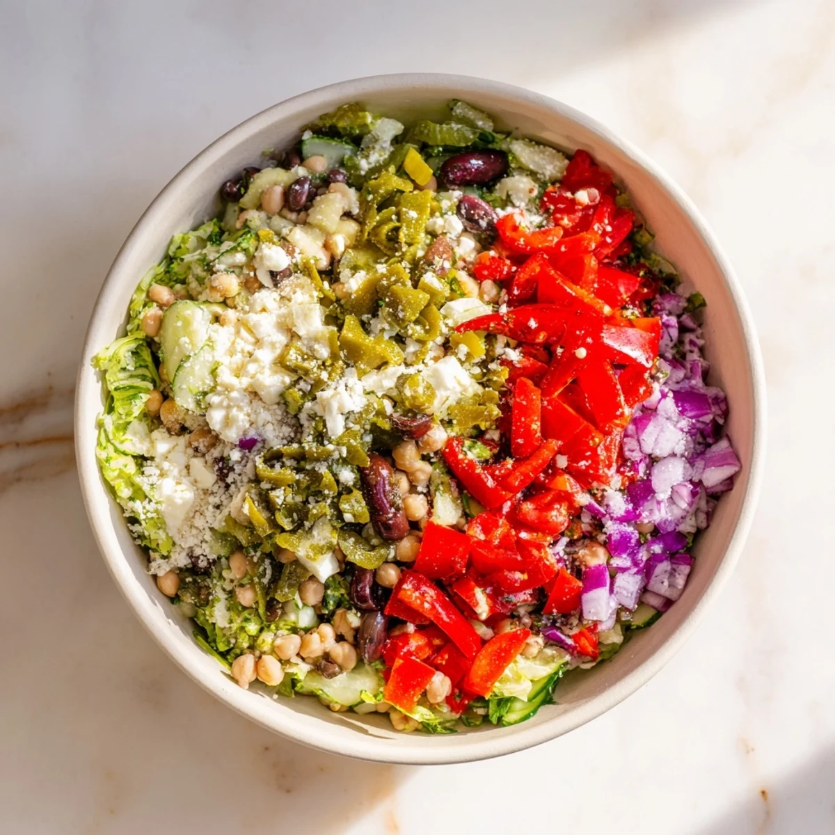 A colorful La Scala Chopped Chickpea Salad, bursting with fresh vegetables and creamy chickpeas, ready to eat.