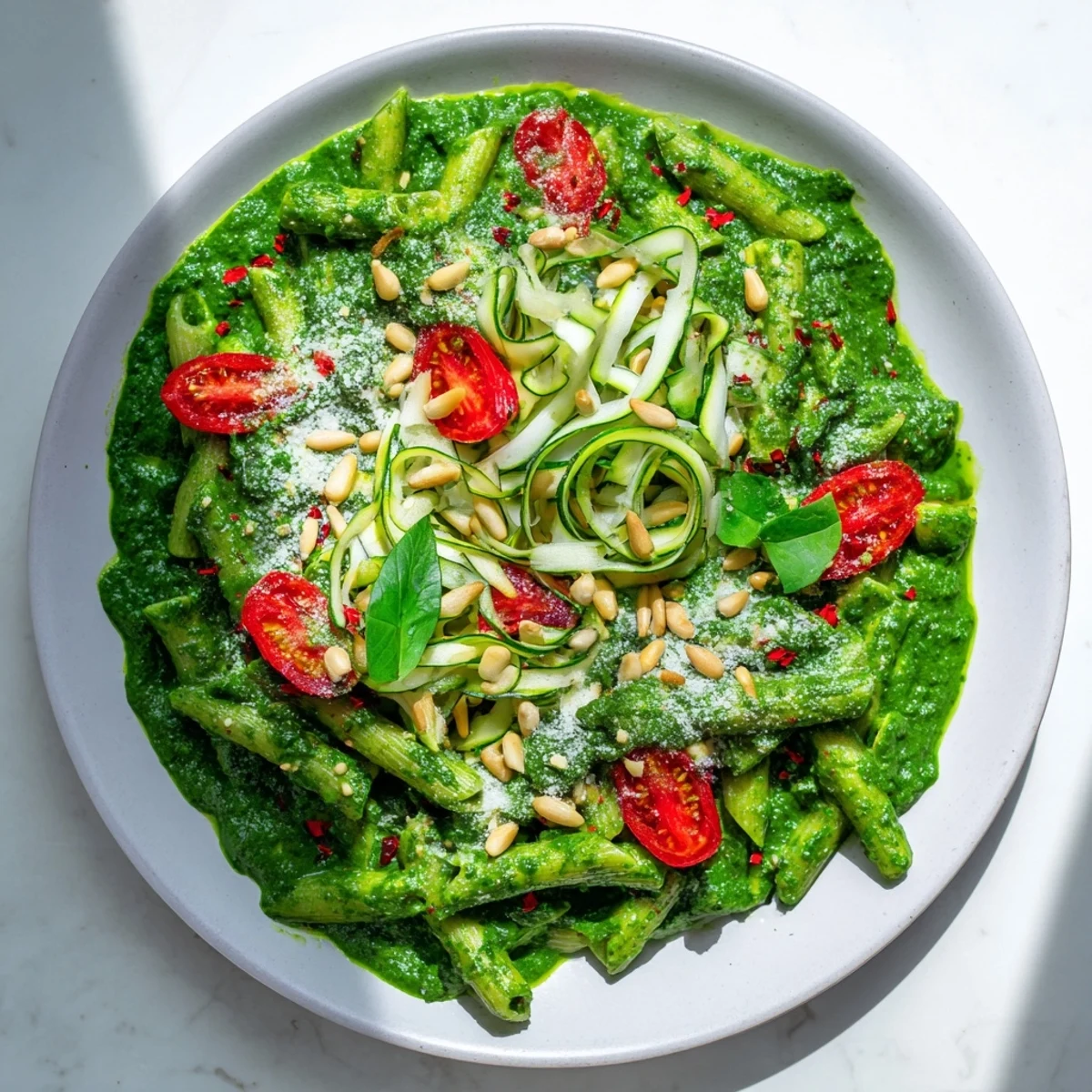 Vibrant Vegan Green Goddess Pasta topped with cherry tomatoes and basil, ready to enjoy.