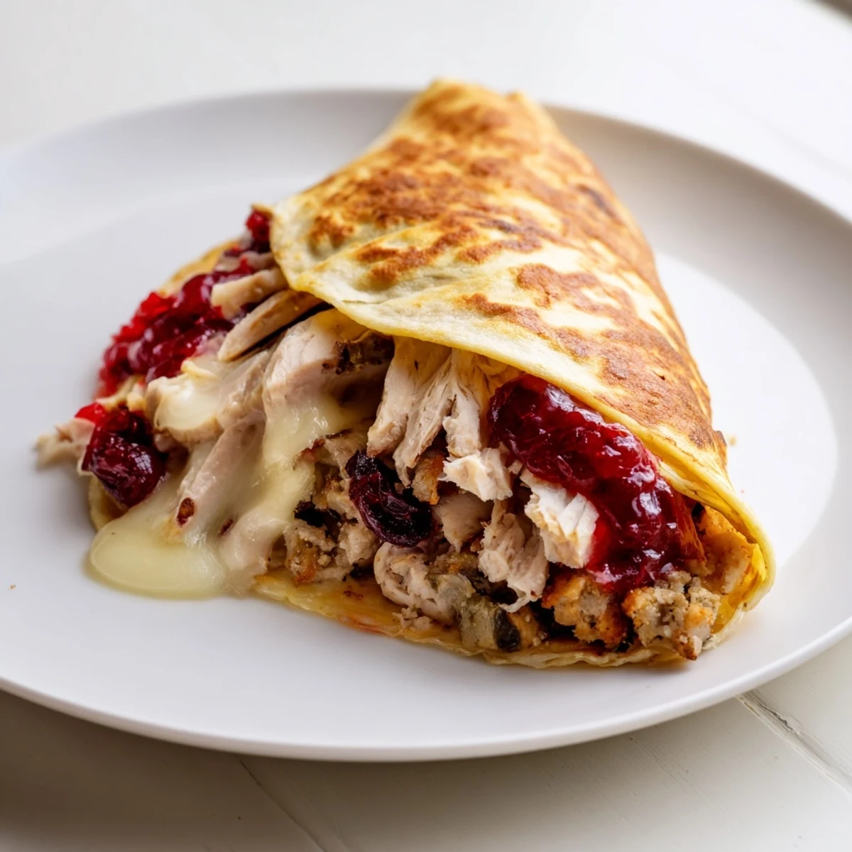 Golden-brown tortilla wrap filled with turkey, stuffing, cranberry: perfect leftovers hack recipe.