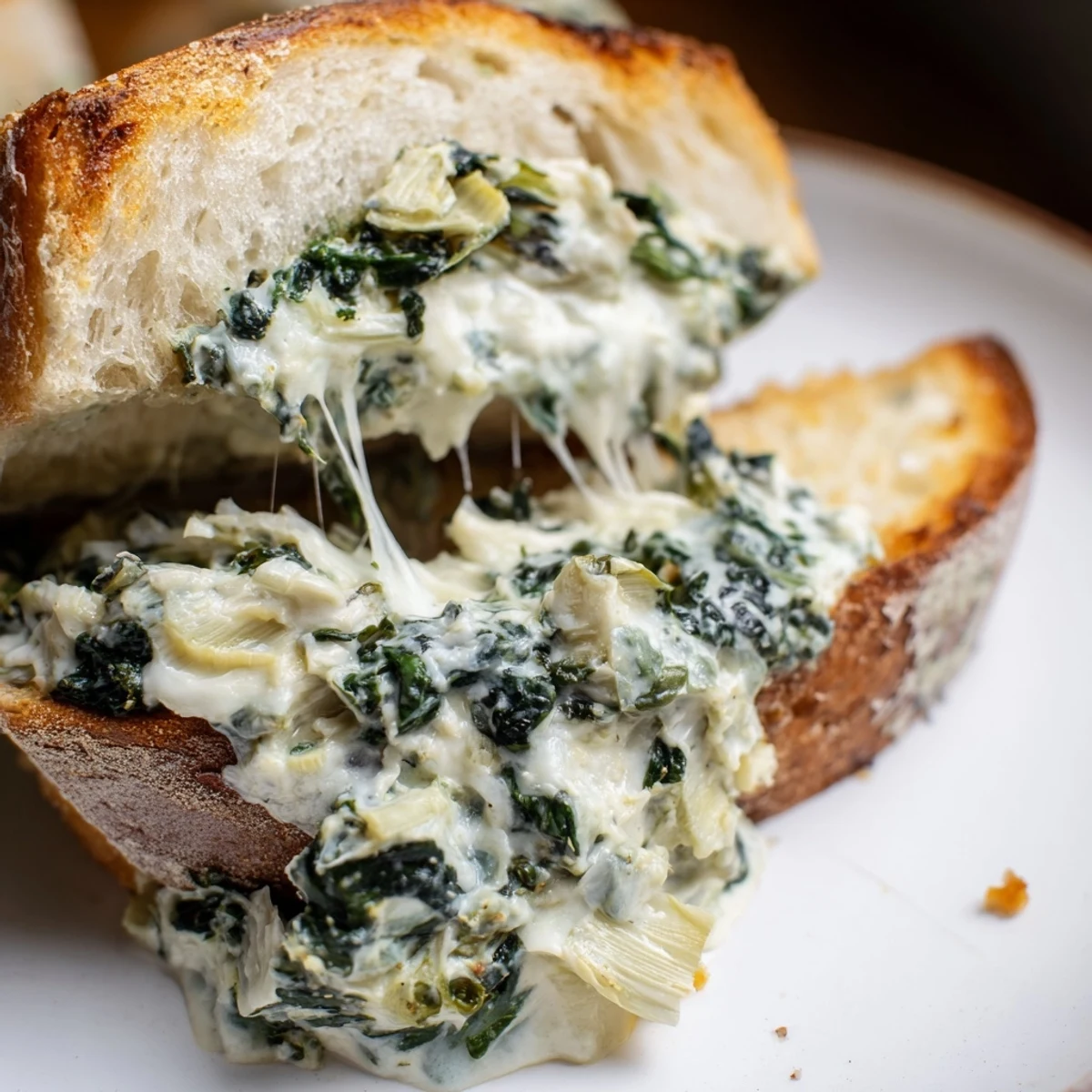 Golden-brown sourdough spinach artichoke dip grilled cheese, oozing with melted cheese and creamy filling.
