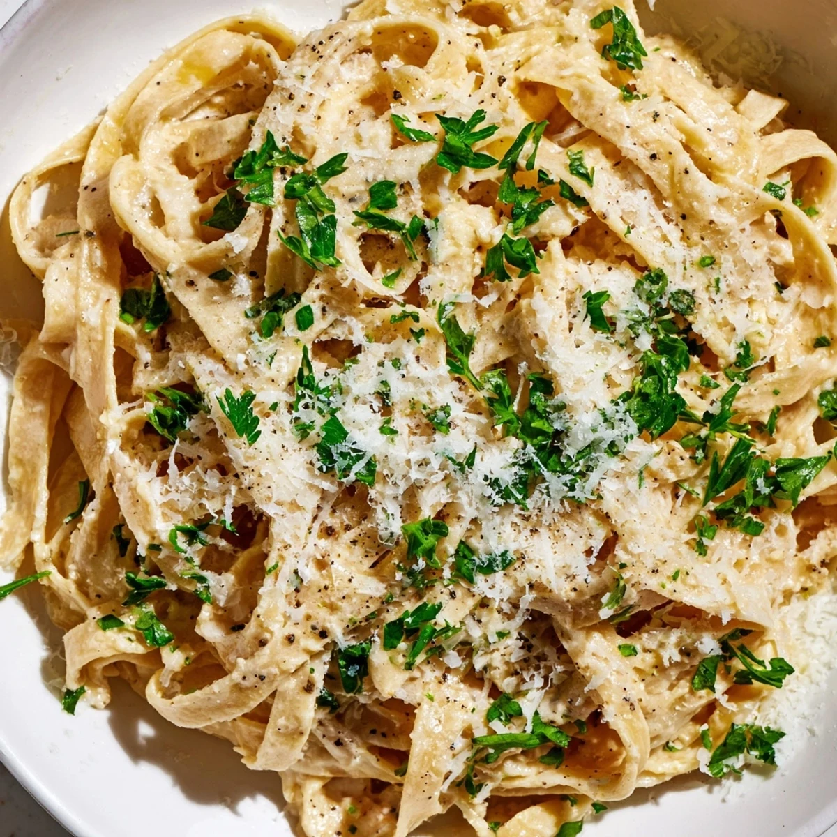 Skinny Alfredo Garlic Parmesan Snowy Pasta, a creamy, light dish glistening with grated Parmesan.
