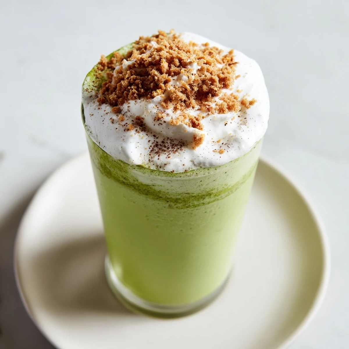Creamy Sugar-Free Gingerbread Cookie Matcha Frappe, a festive and vibrant green drink.