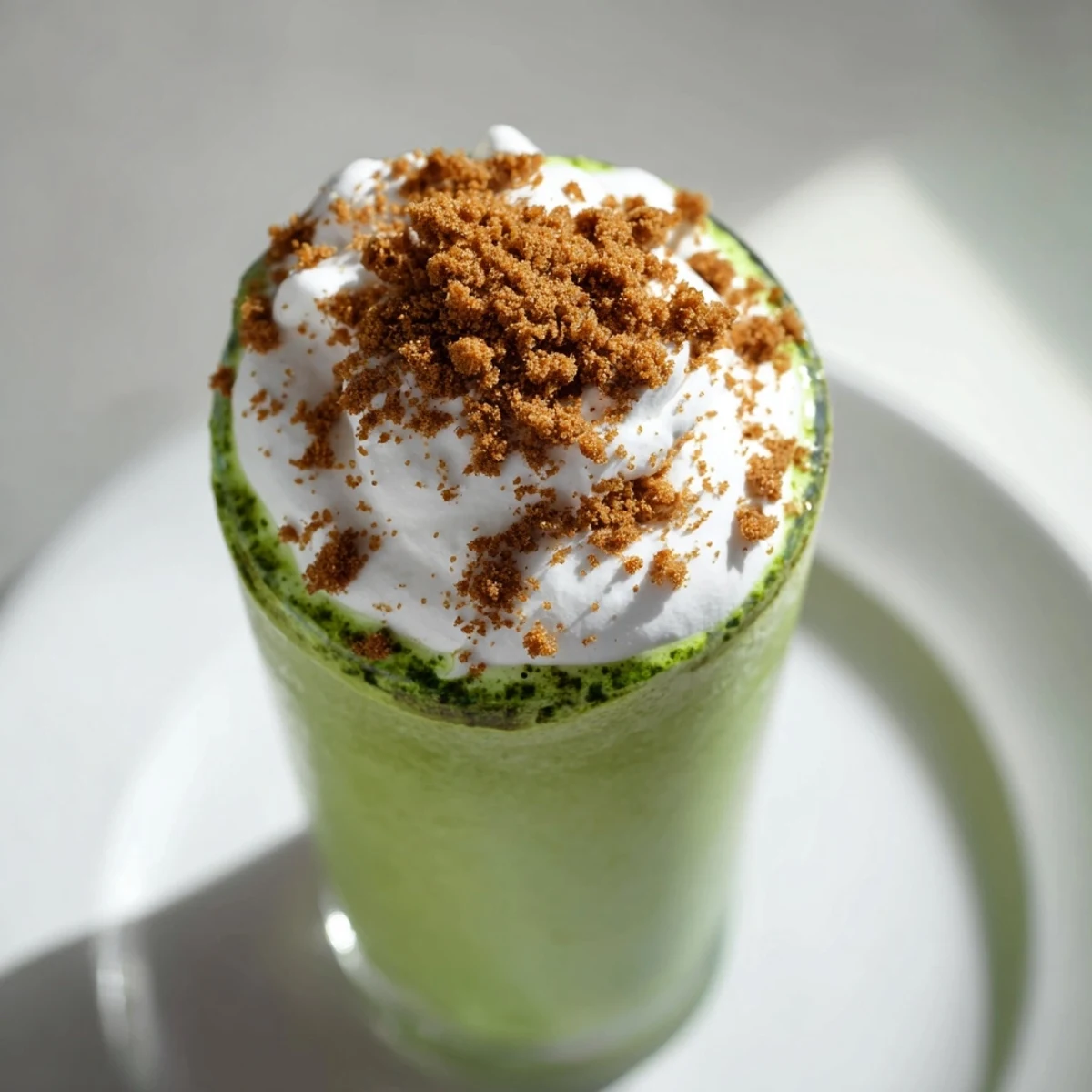 Frothy Sugar-Free Gingerbread Cookie Matcha Frappe topped with whipped cream, ready to enjoy.