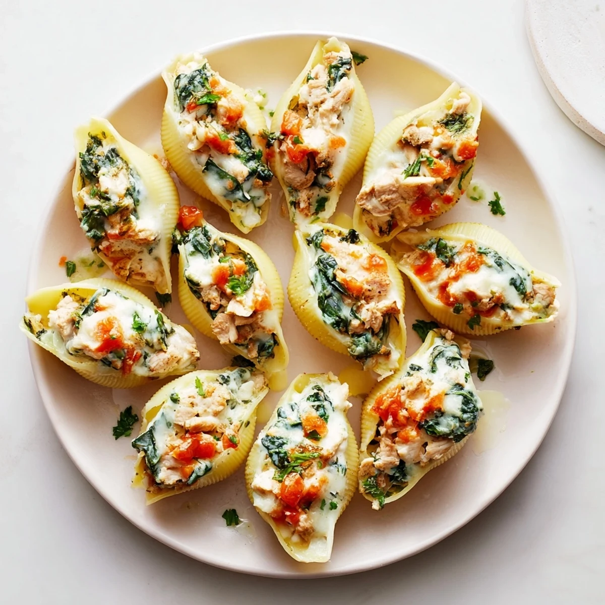 Festive High-Protein Cottage Cheese Alfredo Christmas Shells, stuffed with turkey and spinach, ready to serve.