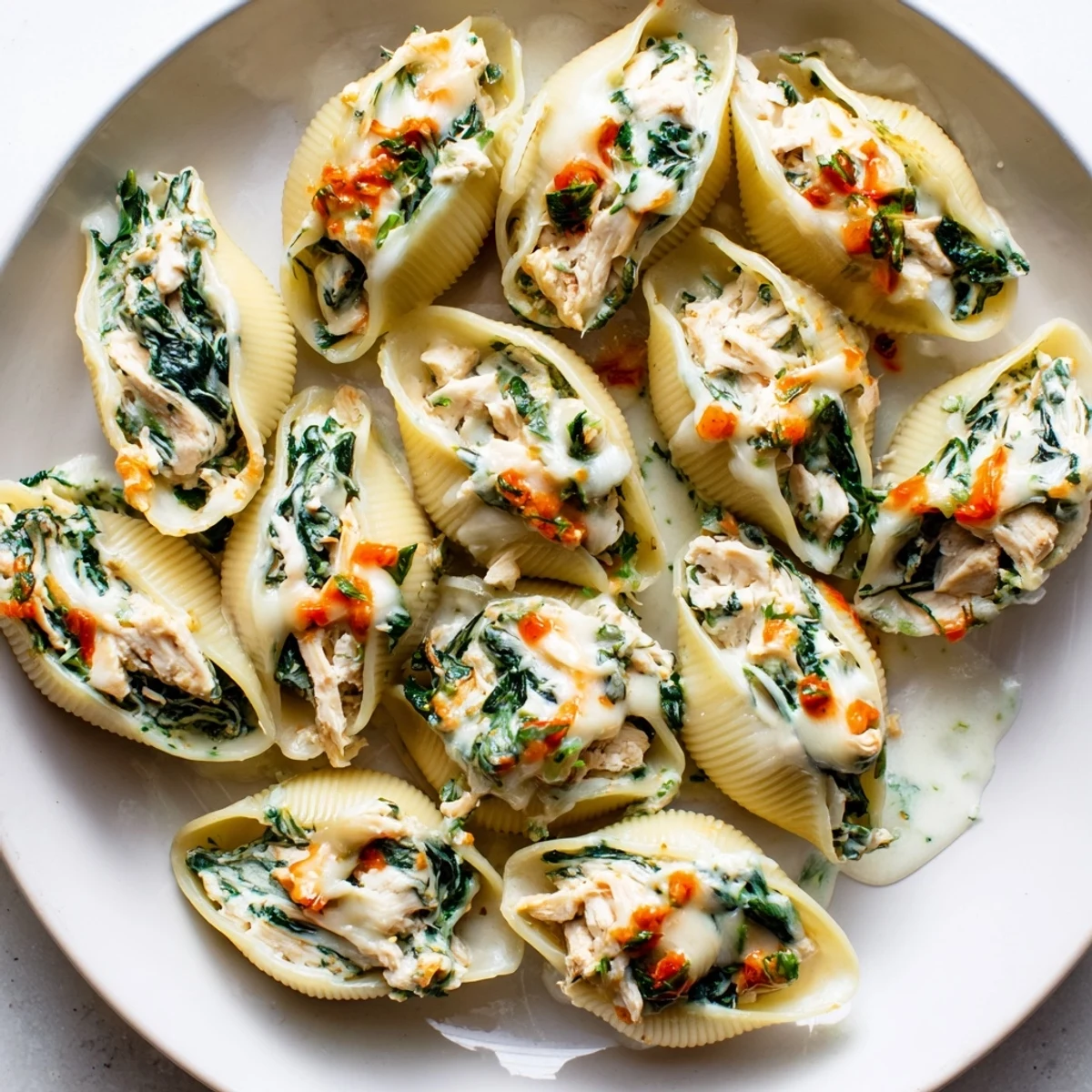 High-Protein Cottage Cheese Alfredo Christmas Shells, baked until bubbly, with a tempting golden cheese crust.