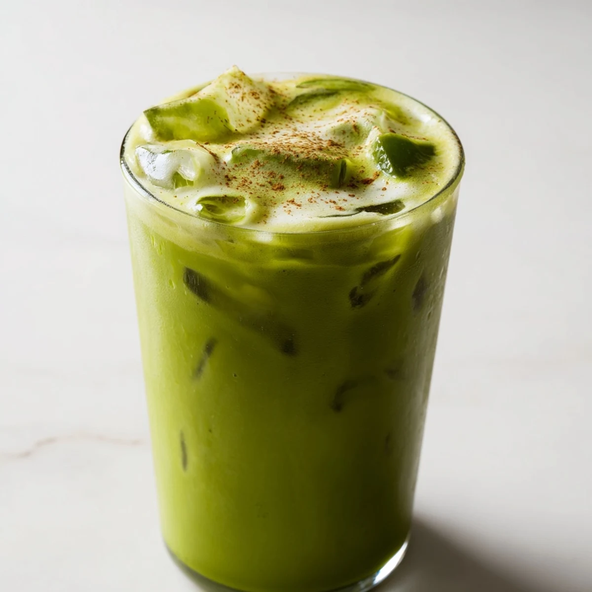 Iced Cinnamon Roll Matcha, a layered beverage with frothy protein foam and cinnamon powder.