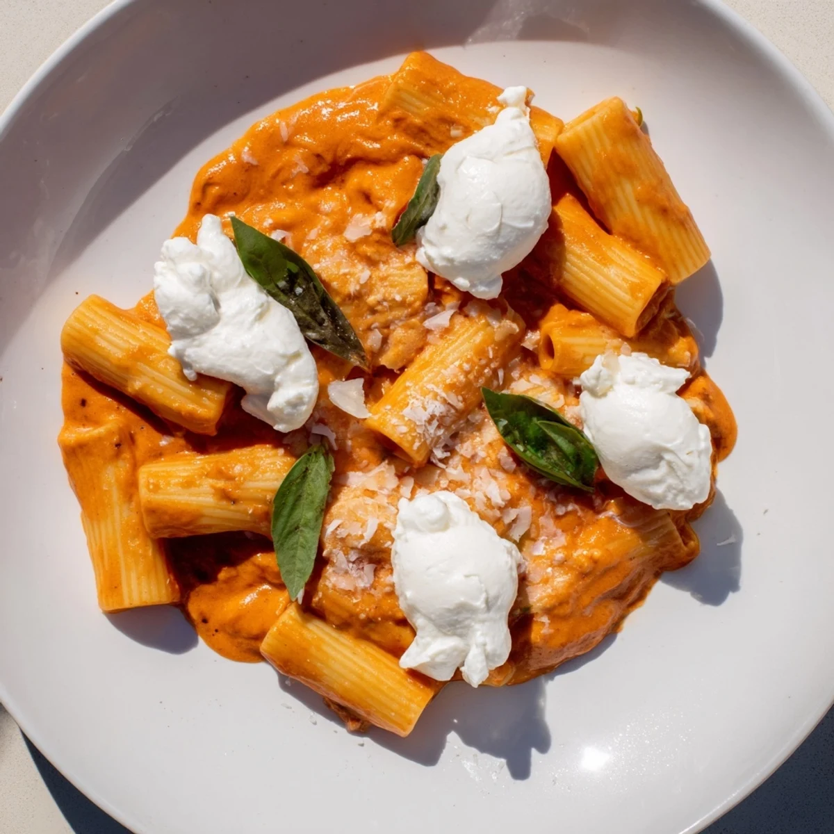 Creamy Roasted Red Pepper Santa Hat Pasta: Vibrant red sauce pasta topped with creamy white ricotta, resembling Santa hats.