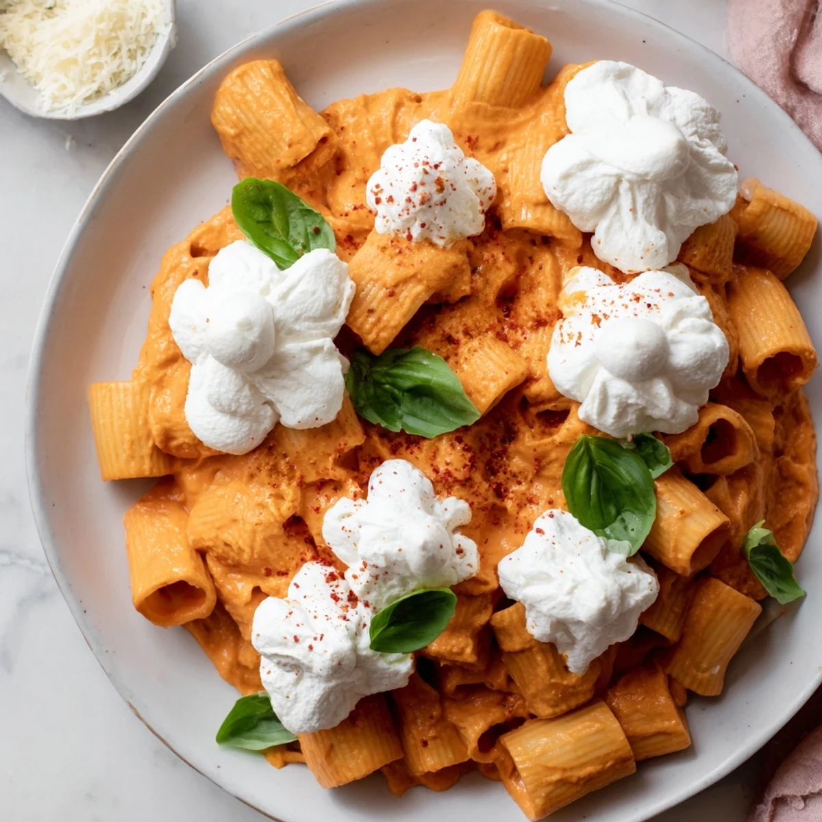 Delicious Creamy Roasted Red Pepper Santa Hat Pasta with a rich, velvety sauce, ready to serve and enjoy.