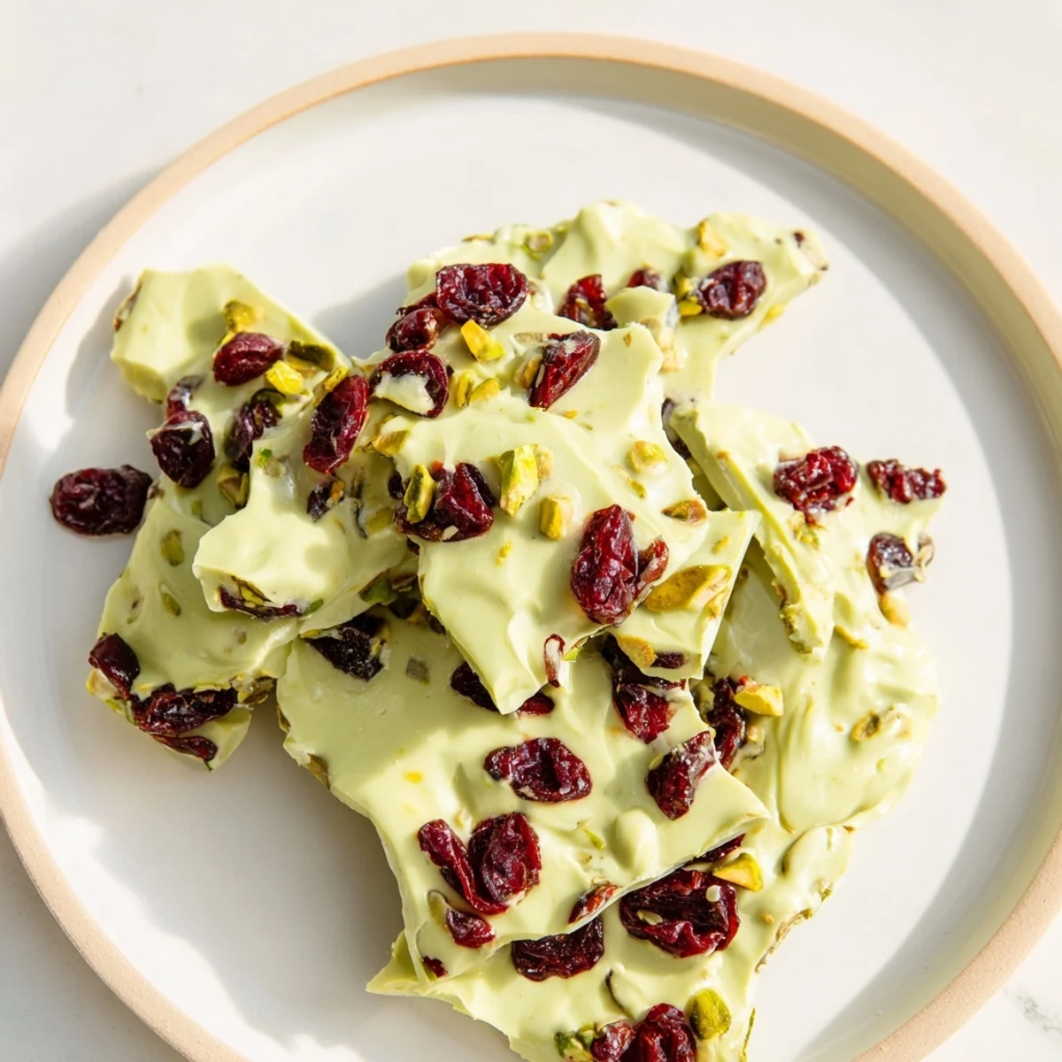 Close-up of Matcha White Chocolate Cranberry Bark Clusters, showcasing the creamy white chocolate and matcha swirls.