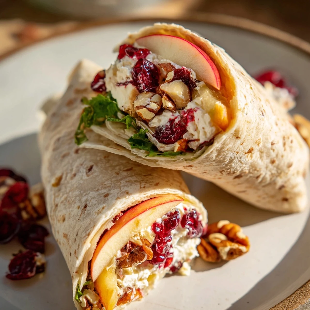 Freshly cut, close-up view of a Cranberry Goat Cheese & Walnut Holiday Wrap, filled with vibrant ingredients.