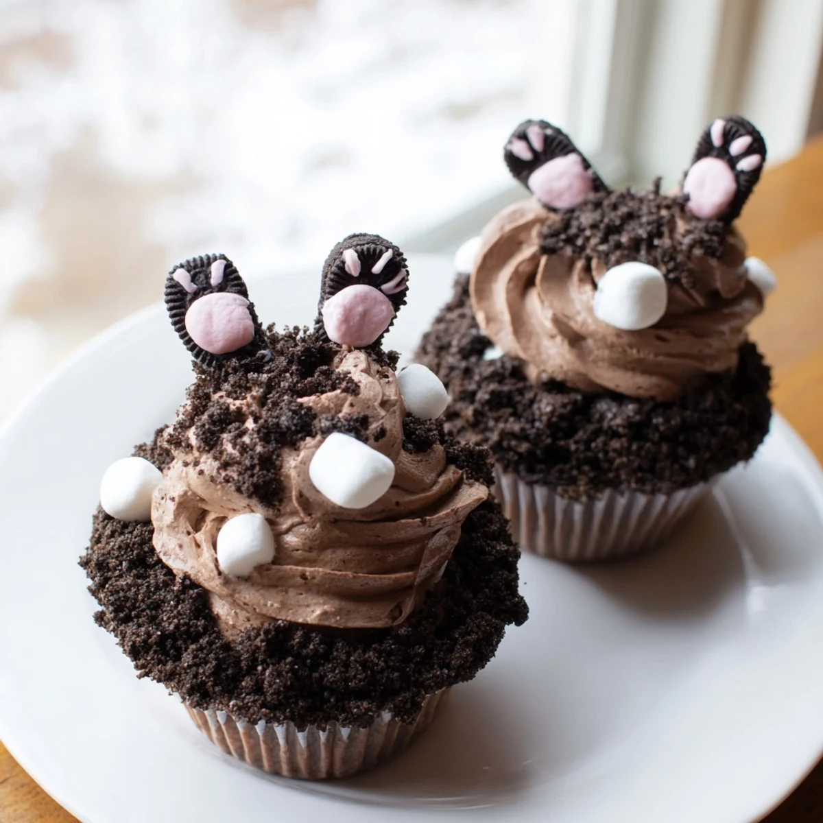 Bunny Burrow Cupcake Tray: charming chocolate cupcakes with buttercream "burrow" and fondant bunny feet, ideal for Easter.