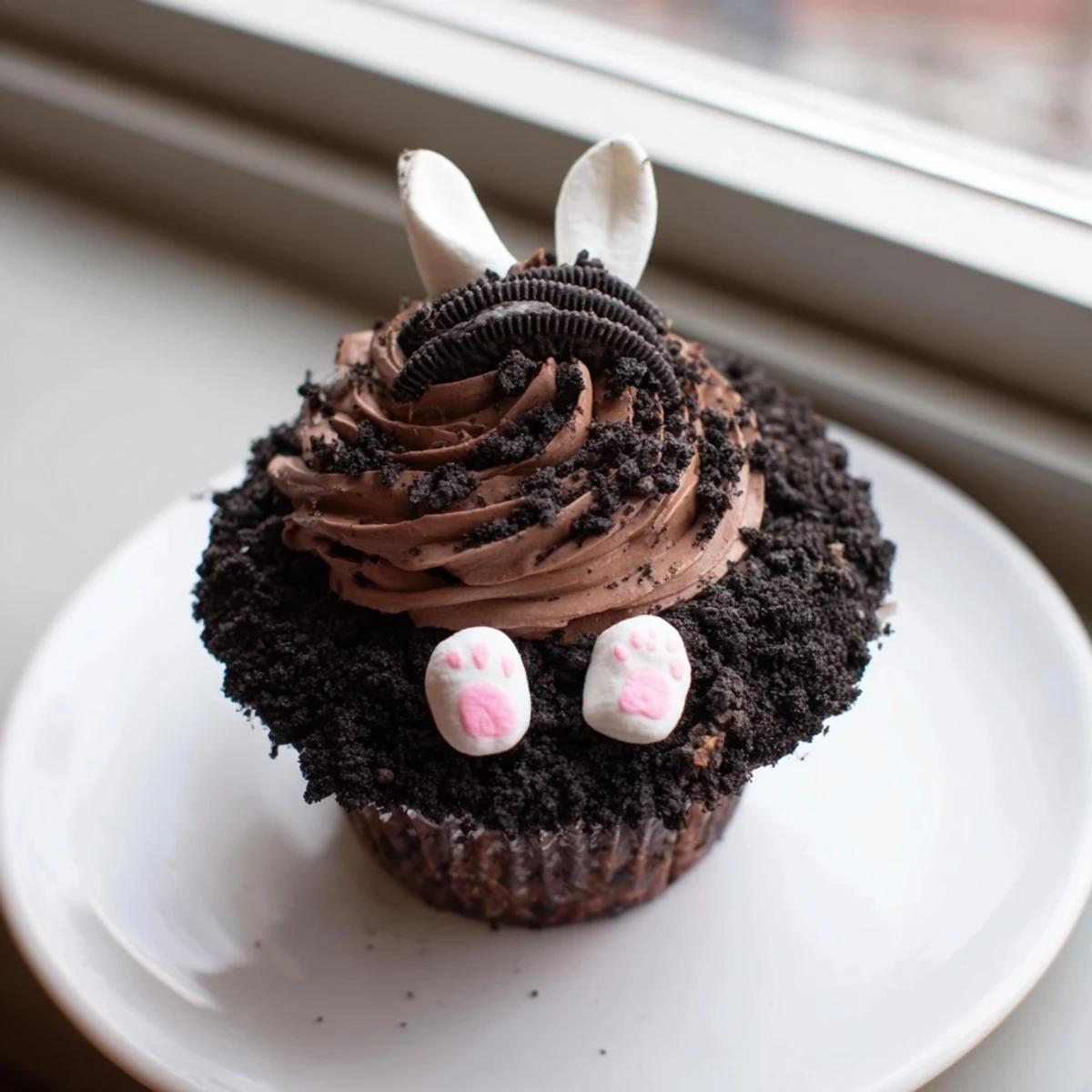 Easter Bunny Burrow Cupcake Tray shows moist chocolate cupcakes frosted with buttercream and cookie "soil", with sweet fondant bunnies.