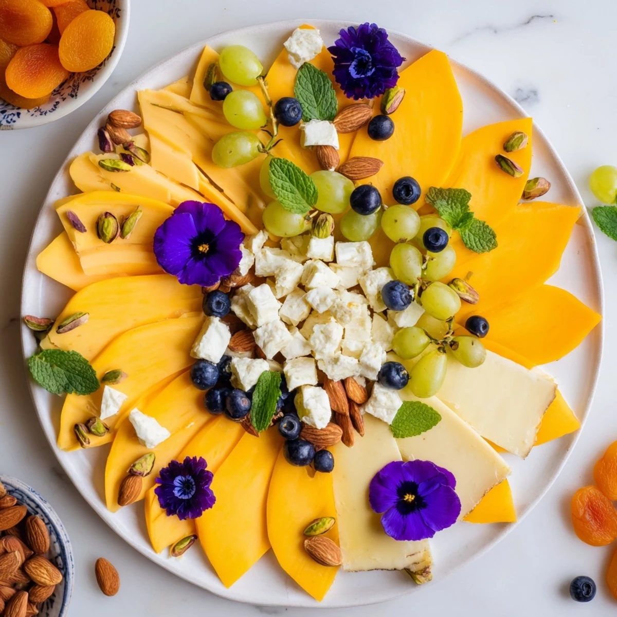 Vibrant Daffodil Cheese Board arranged with cheeses, fruits, and crackers perfect for a spring appetizer.