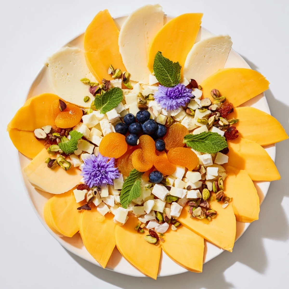 This appetizing Daffodil Cheese Board has a blooming design with cheddar petals and creamy cheeses.