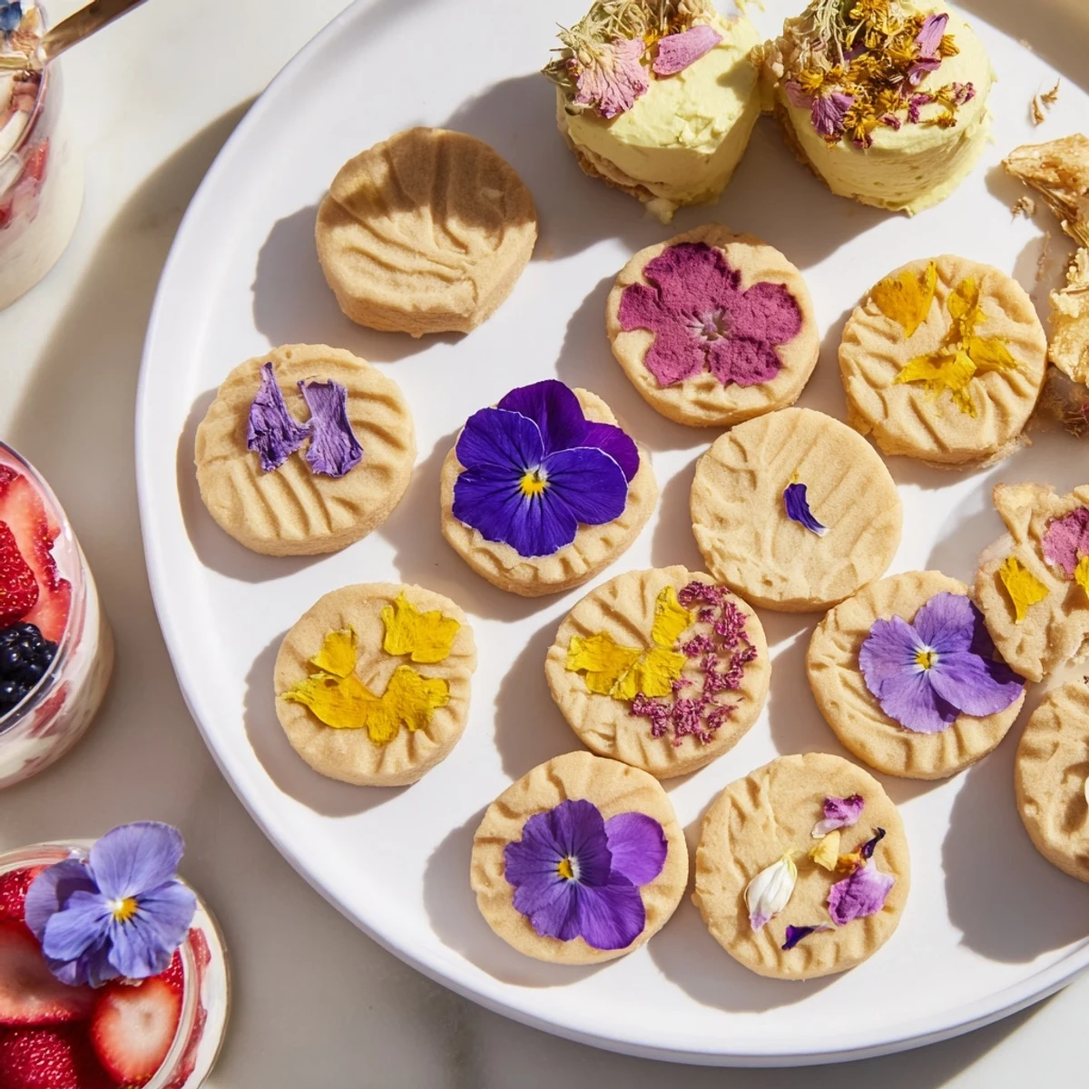 Spring Flower Dessert Tray features shortbread, mini cakes, and parfaits, artfully arranged and ready to serve.