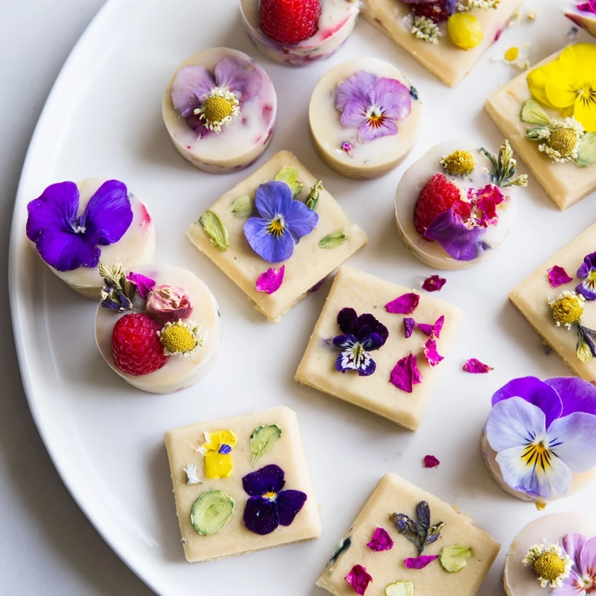 A Spring Flower Dessert Tray offers a visually stunning array of colorful treats with edible flower garnishes.