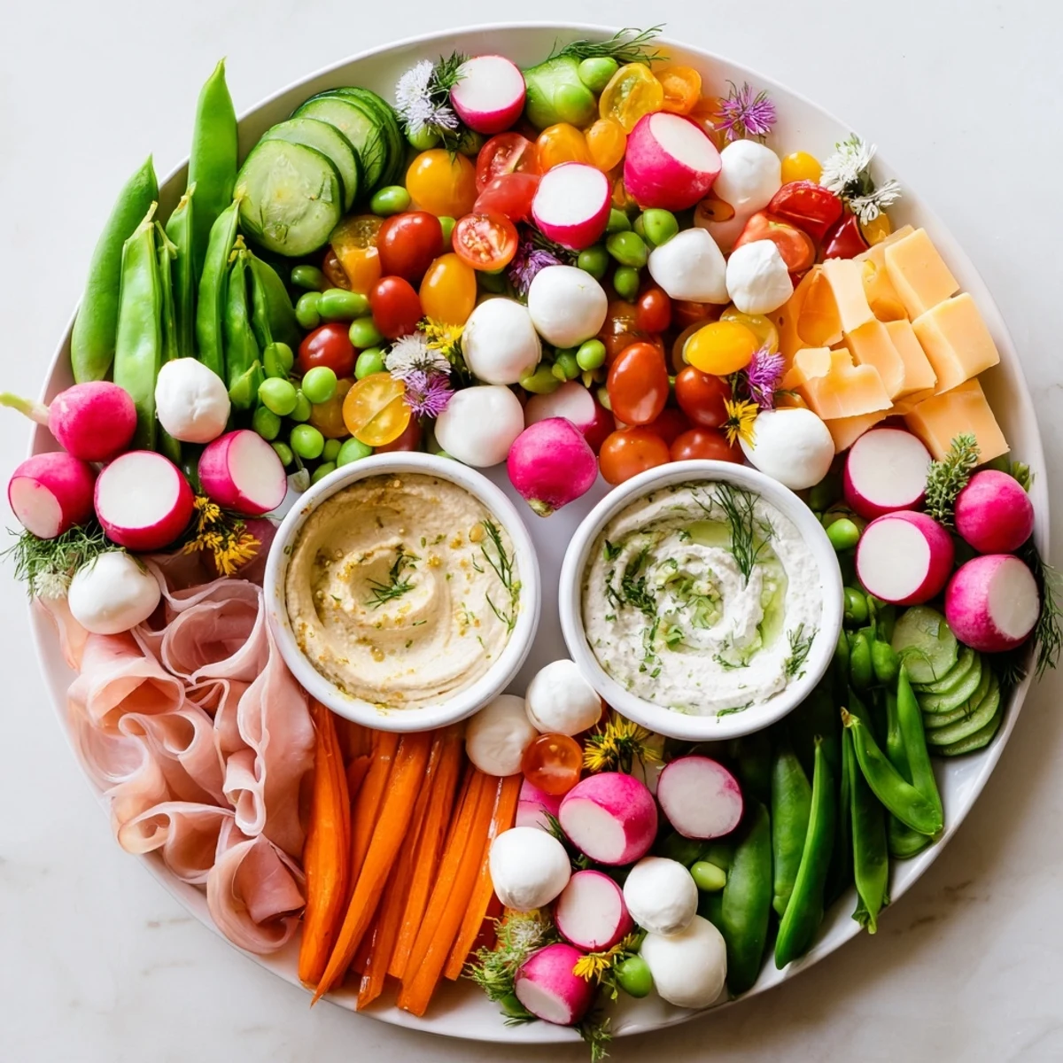 Fresh Spring Wreath Appetizer Platter, vibrant with colorful vegetables, cheeses, and dips, ready to serve.