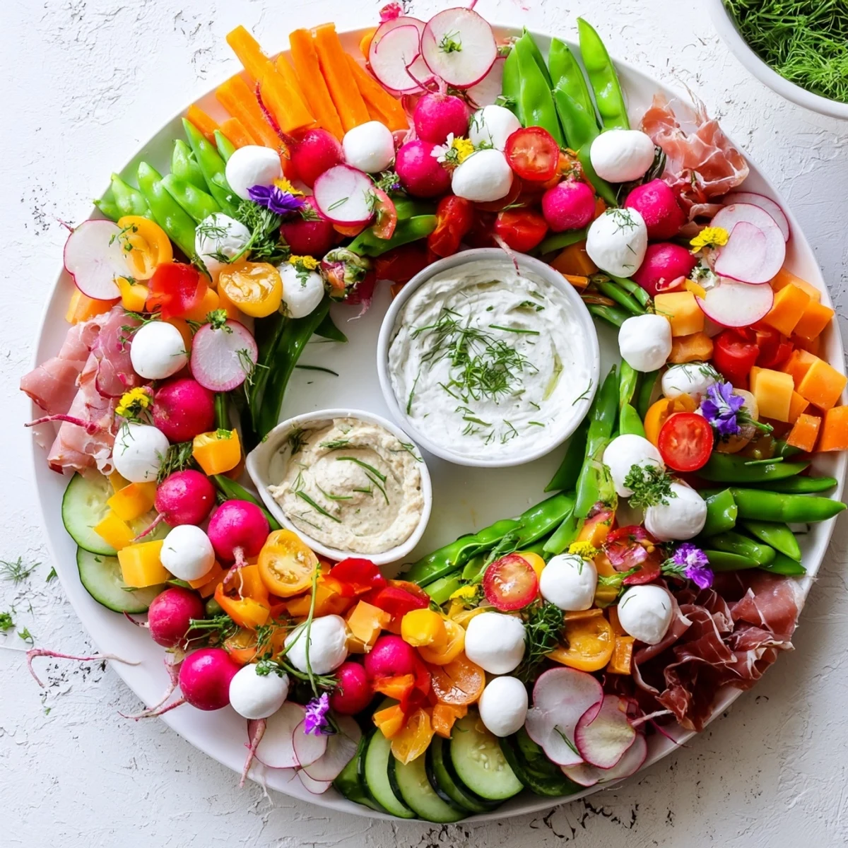 A beautiful Spring Wreath Appetizer Platter overflowing with fresh vegetables, cheese, and meats for sharing.