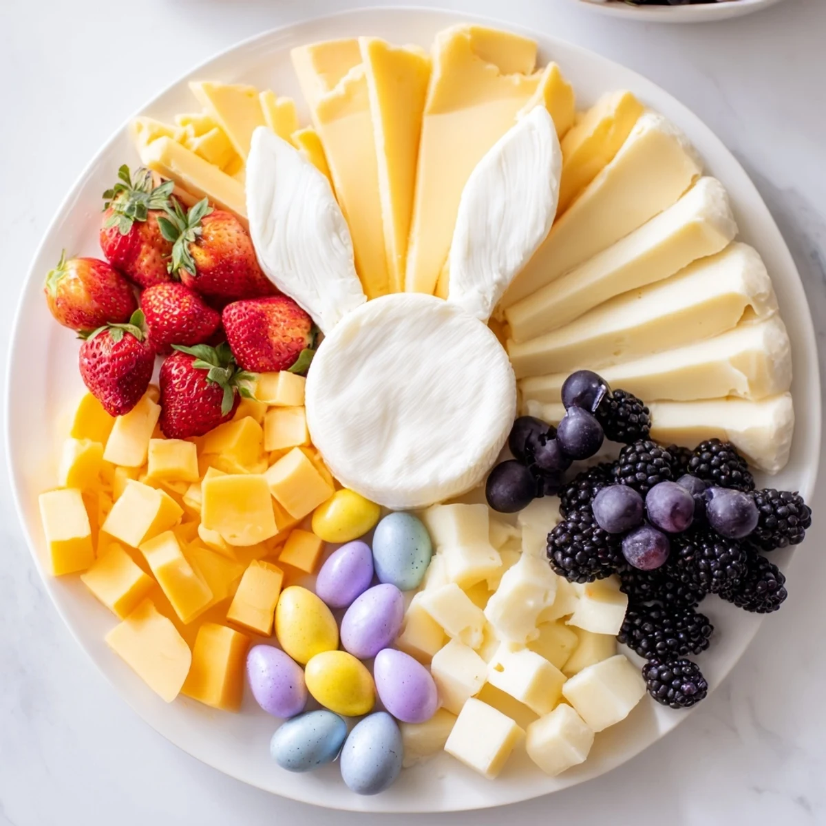 Vibrant Bunny Ears Easter Board overflowing with colorful fruits, cheeses, crackers, and sweet treats.