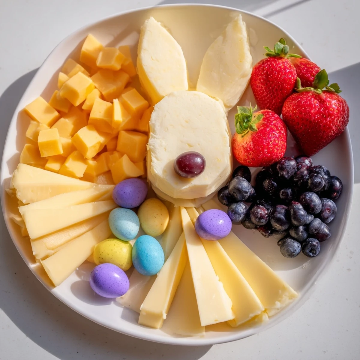 An inviting Bunny Ears Easter Board showcasing a charming array of fresh produce and cheeses, perfect for snacking.