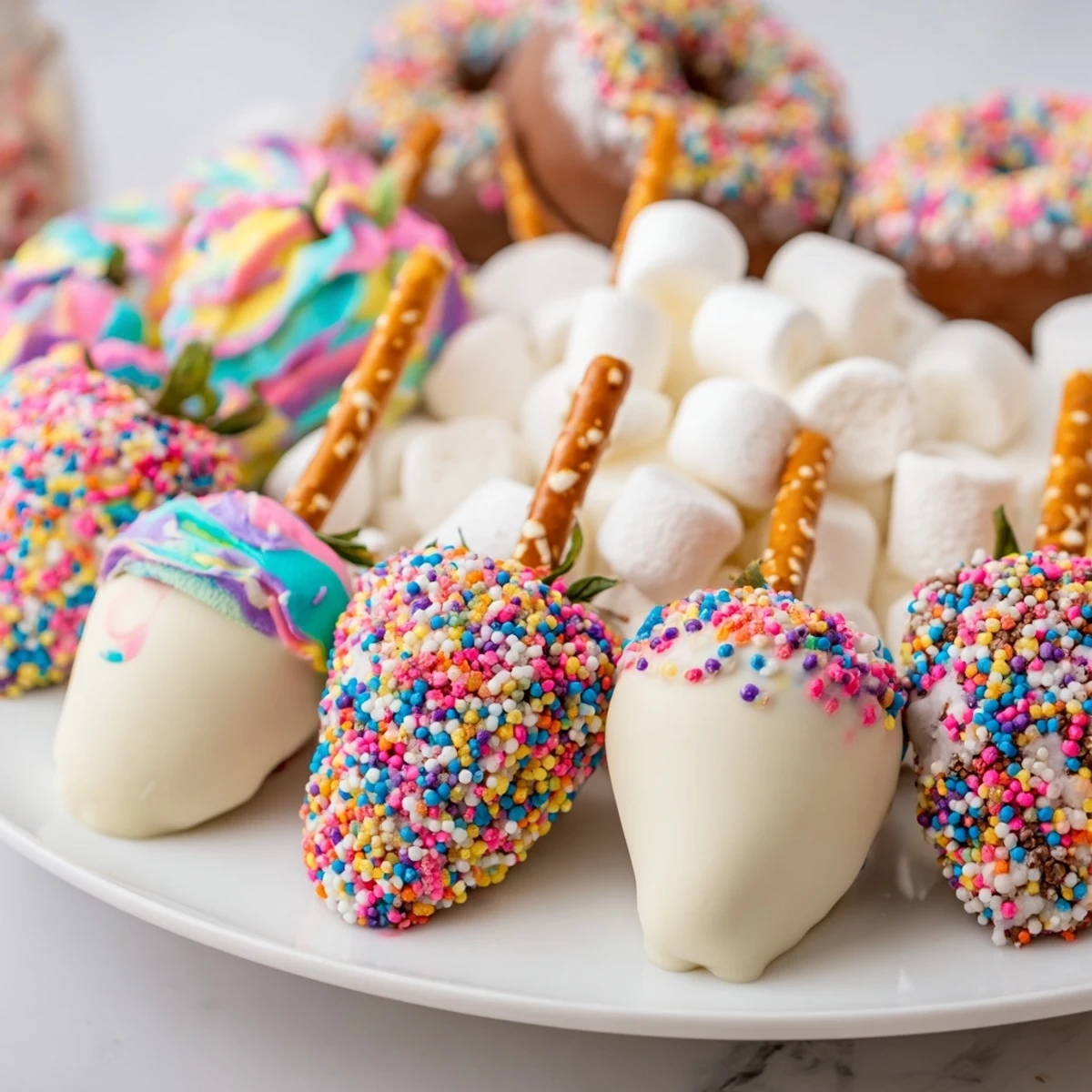 Rainbow Sprinkle Party Board with chocolate-covered treats, vibrant colorful treats perfect for parties.