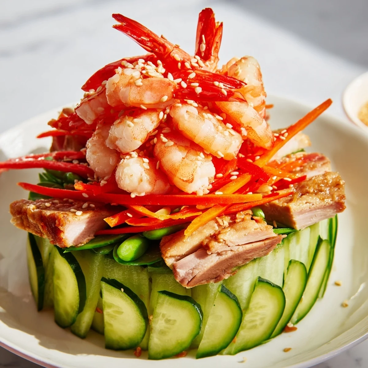 A close-up view of the festive Mighty Dragon Lunar New Year board, showcasing vibrant ingredients like shrimp and veggies.