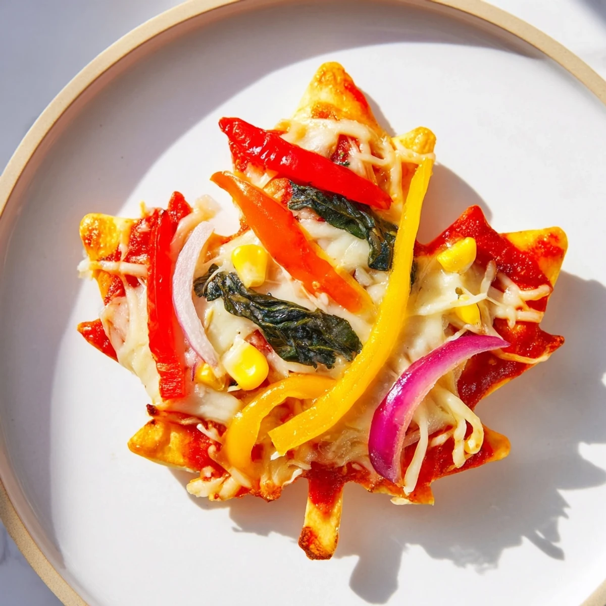 Freshly baked Fall Foliage Maple Leaf Mini Pizzas with melted cheese and a medley of seasonal vegetables.