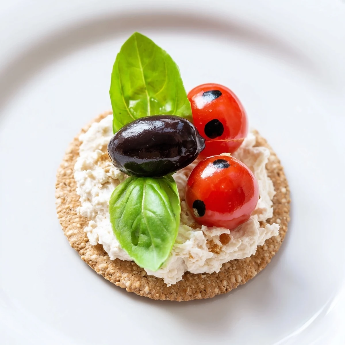 Vibrant Ladybug Love Picnic Finger Foods featuring halved cherry tomatoes on crackers for a fun snack.