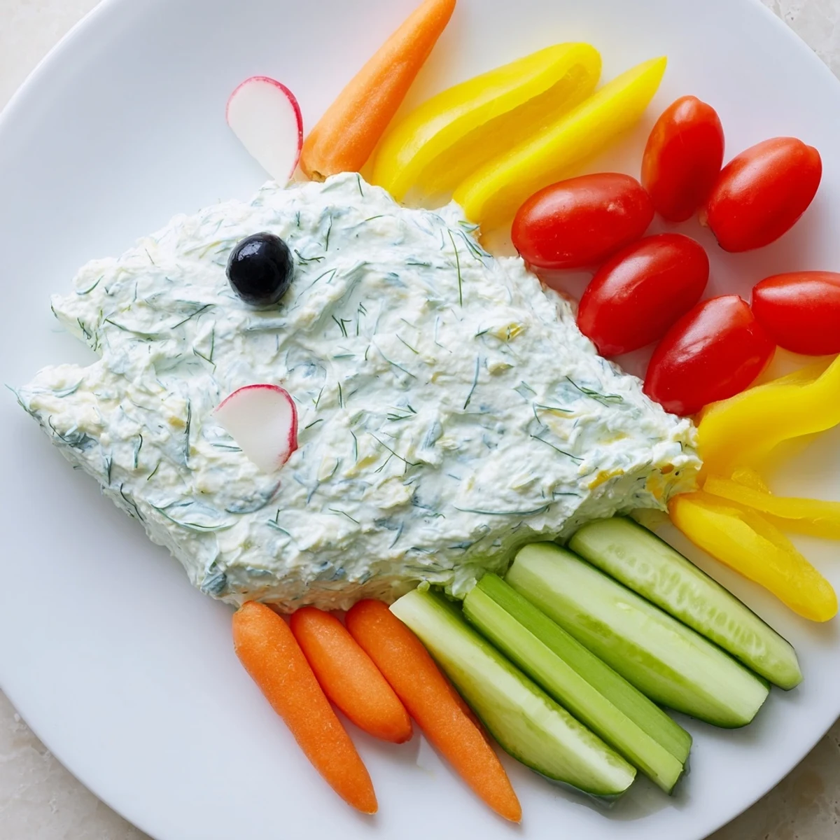 Ocean Blue Fish-Shaped Dip Tray: A vibrant appetizer with creamy dips and colorful fresh veggies, ocean-inspired.