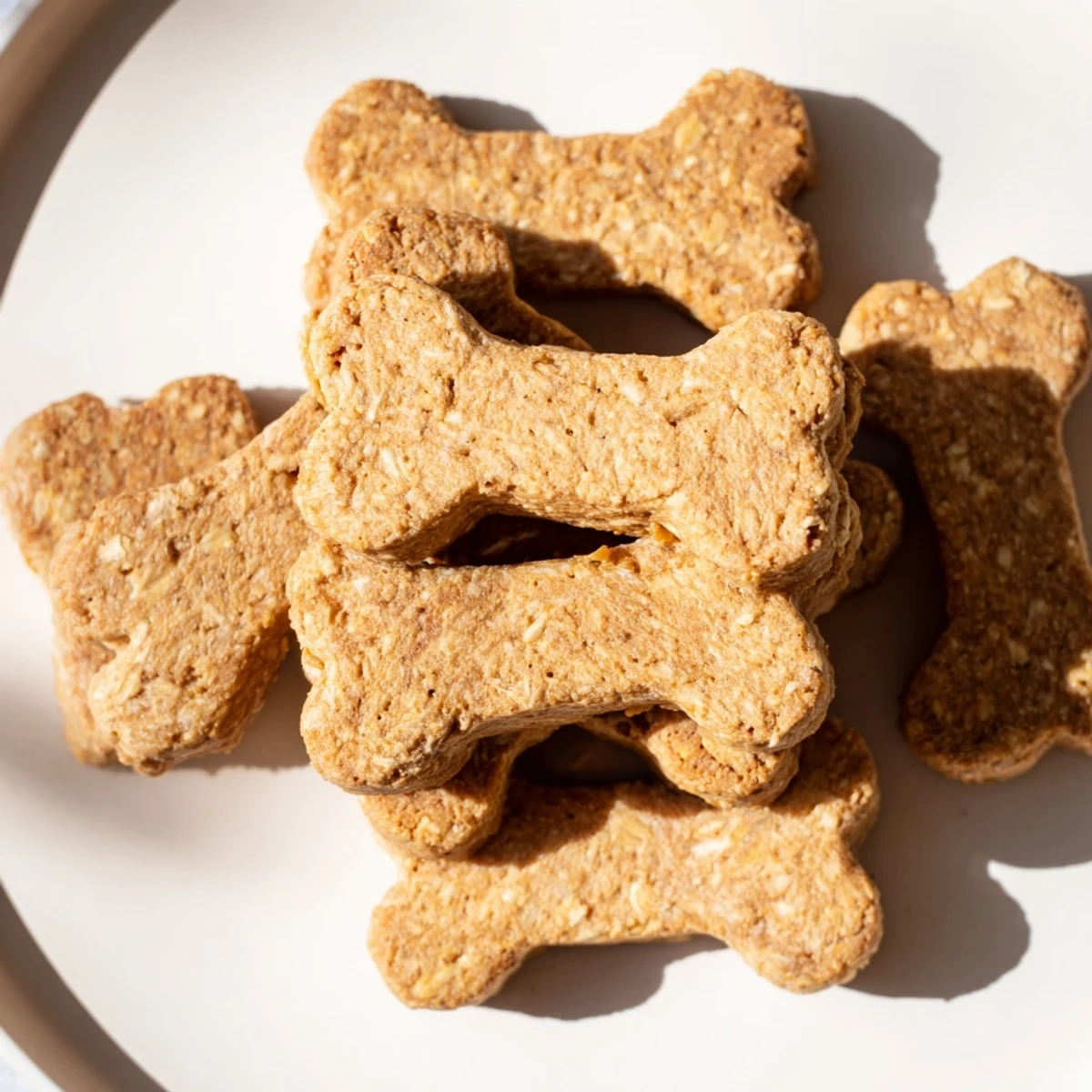 Golden, baked Pawsitively Good Dog Bone Treats, homemade with oats and peanut butter, ready to delight pups.