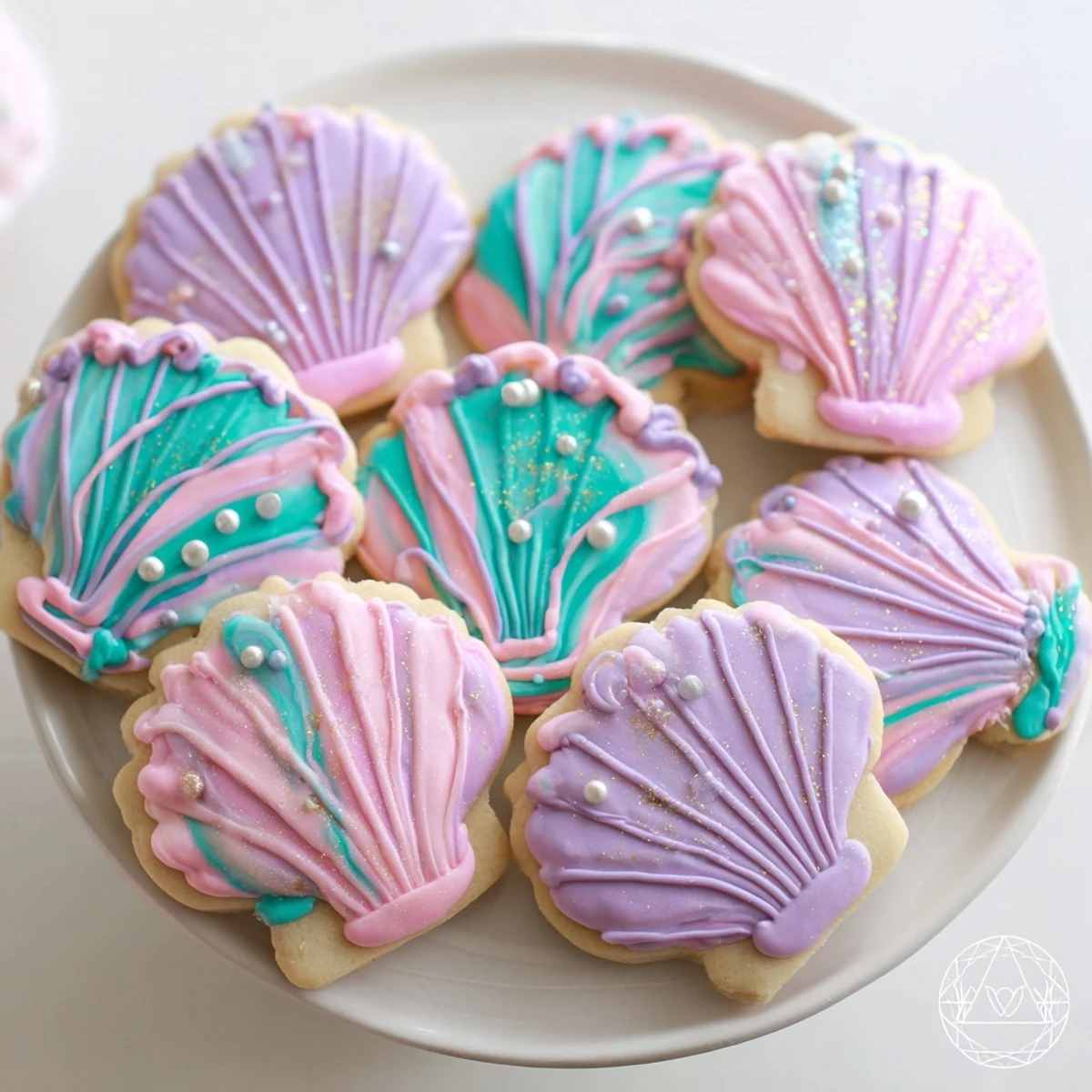 Vibrant pastel seashell sweets, delightful sugar cookies perfect for a mermaid party's dessert table.
