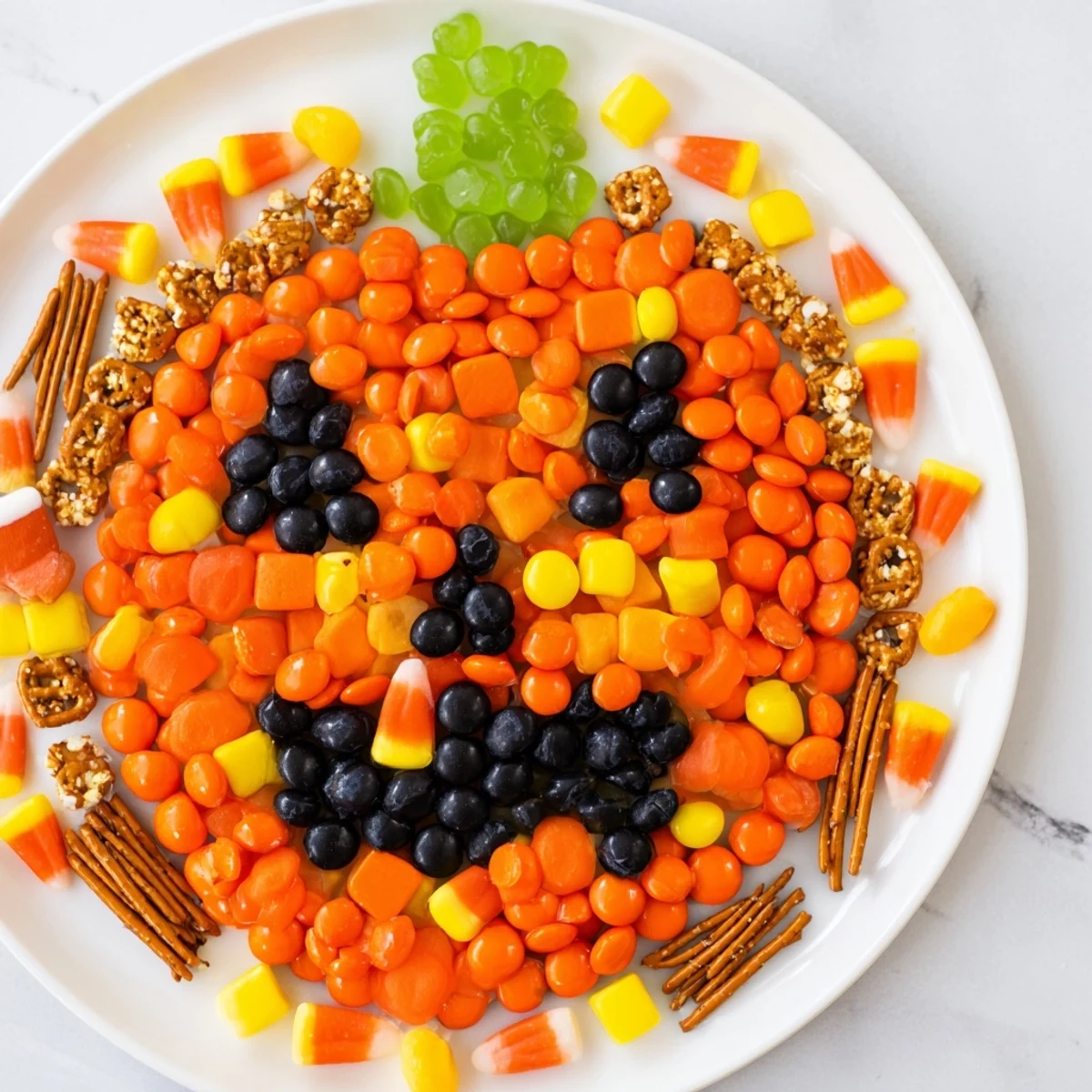 Jack-o-Lantern Candy Board: a vibrant, colorful display of Halloween treats designed into a sweet face.