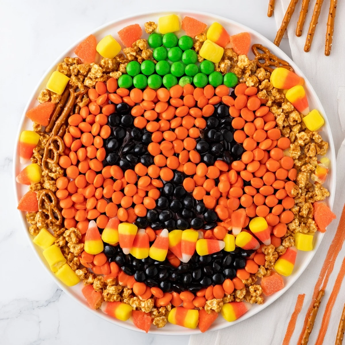 Delicious Jack-o-Lantern Candy Board: easily create a fun, festive candy platter for a Halloween party.