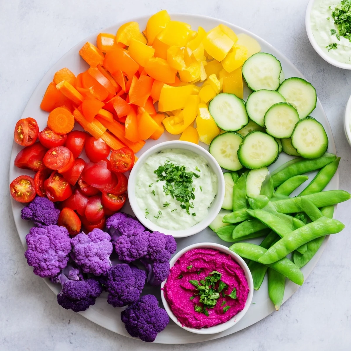 A colorful rainbow vegetable dips platter, perfect for dipping and a healthy appetizer option.