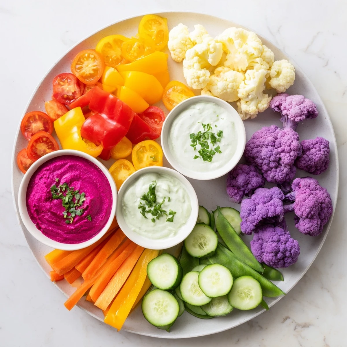 Freshly prepared rainbow vegetable dips are served with a variety of colorful veggies, ready to enjoy.