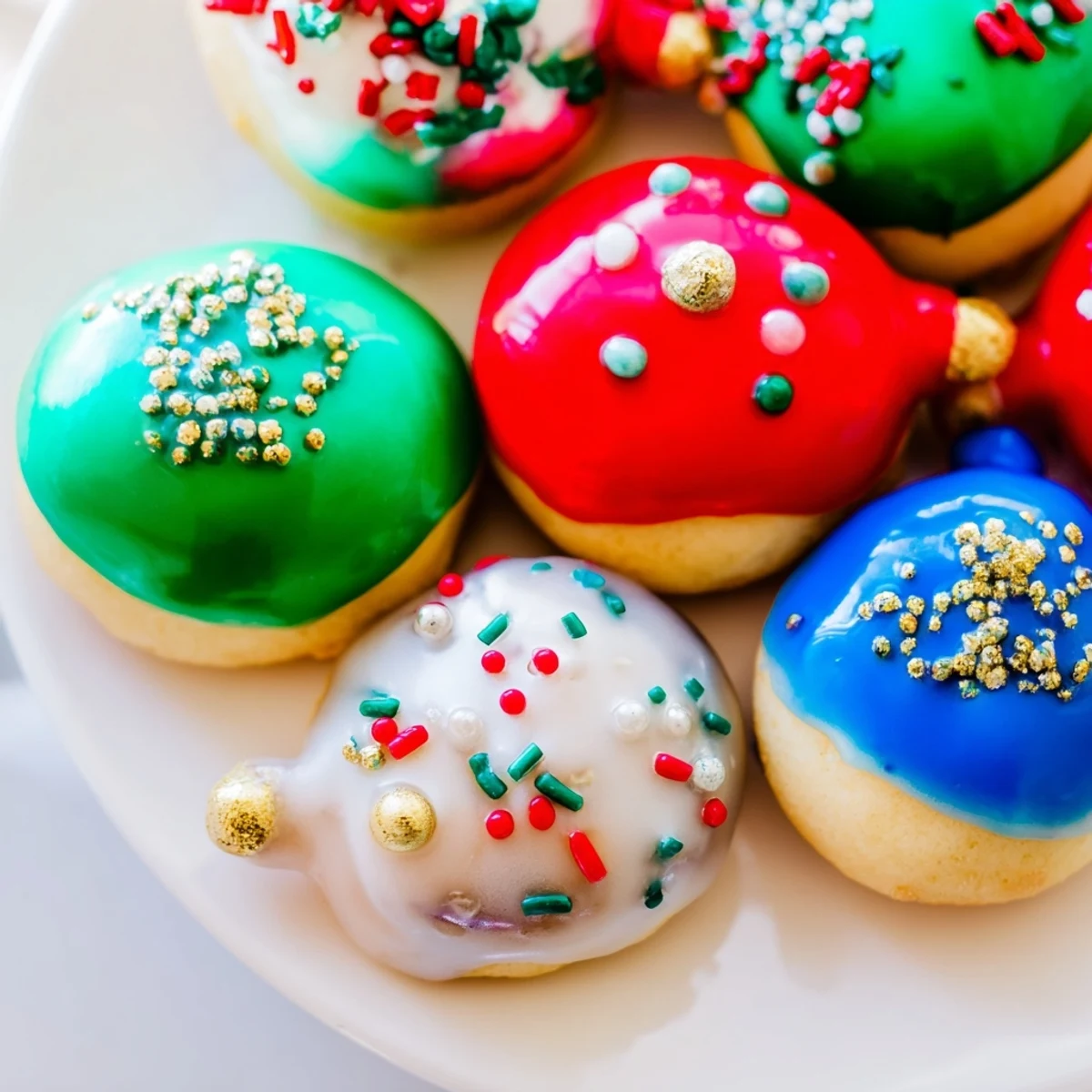 Golden and crispy Christmas Ornament Beignets, iced in festive colors and sprinkled with holiday cheer.