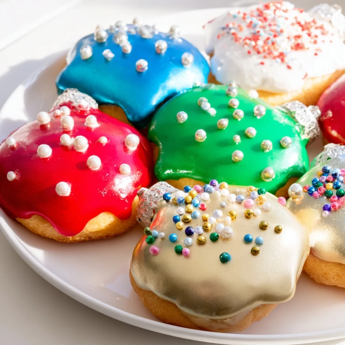 Freshly fried Christmas Ornament Beignets, generously dusted in powdered sugar and ready for the holiday table.