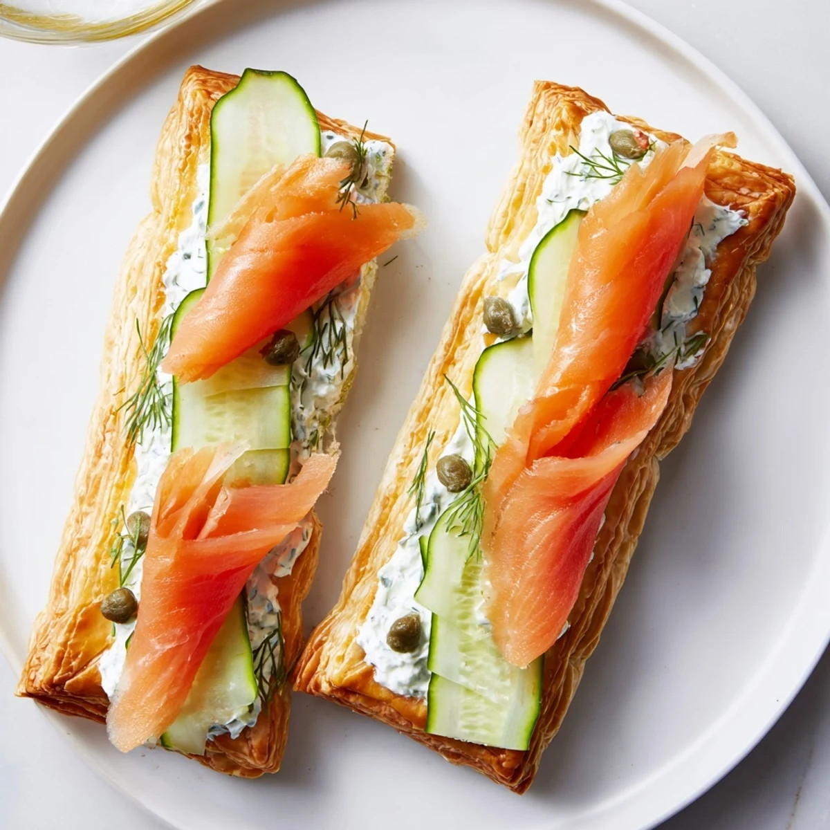 Golden Étoiles Filantes Assiette de Fin dAnnée: crispy puff pastry stars topped with smoked salmon and creamy dill cheese.