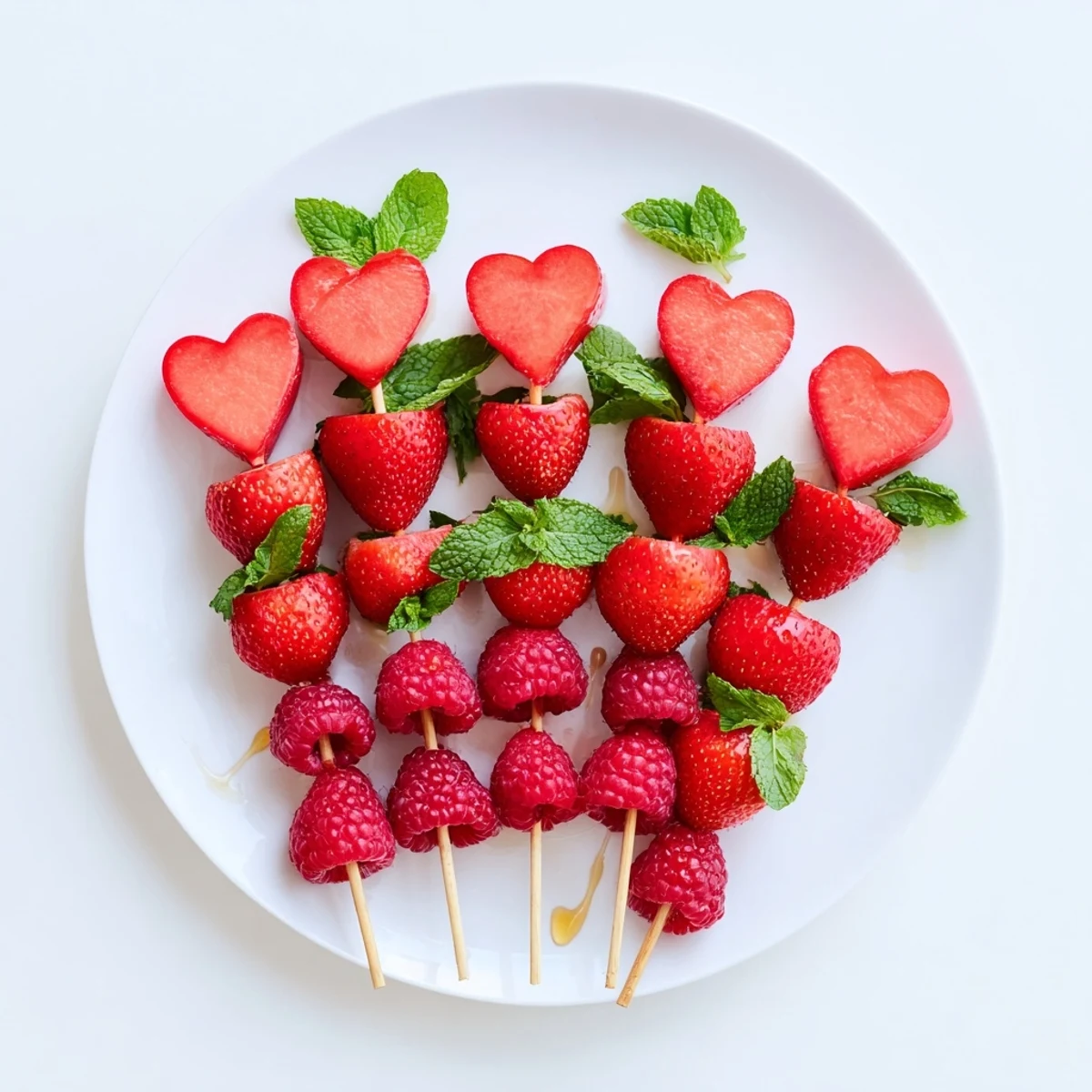 Vibrant red heart fruit skewers, a refreshing dessert featuring juicy strawberries and watermelon hearts.