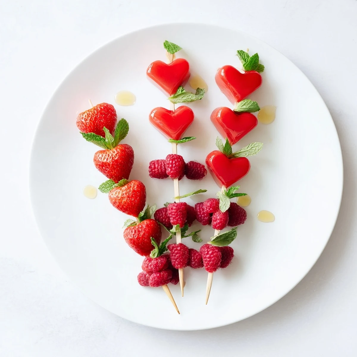 Sweet red heart fruit skewers beautifully arranged on skewers, ready for a special occasion or party.