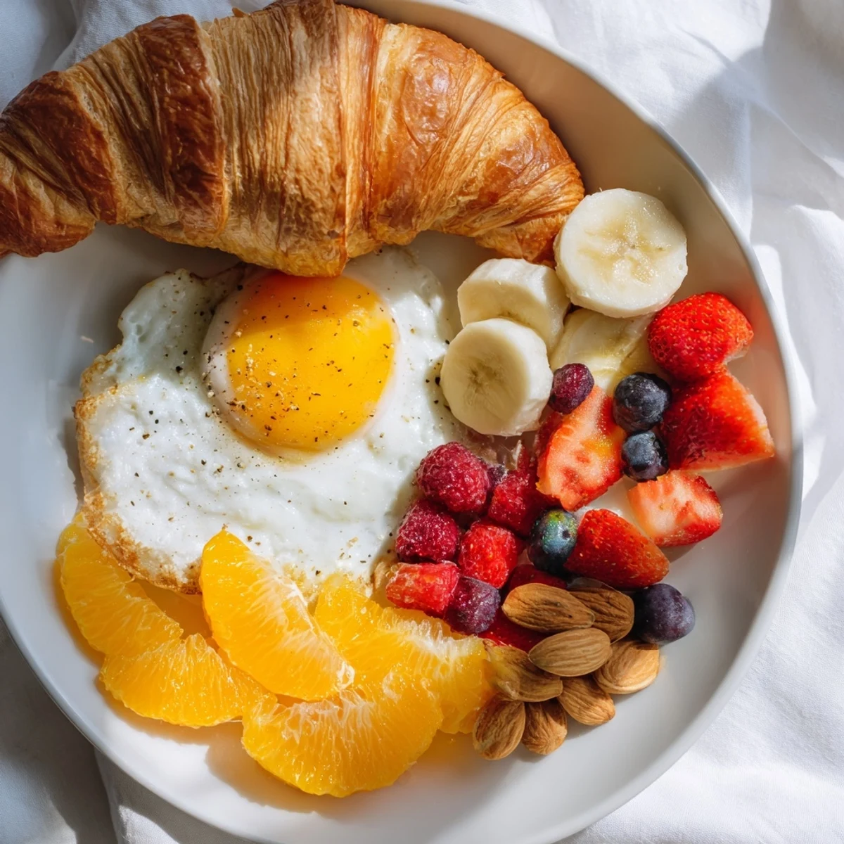A colorful Soleil Matinal breakfast platter showing toasted bread, fresh fruit, and sunny-side-up eggs.