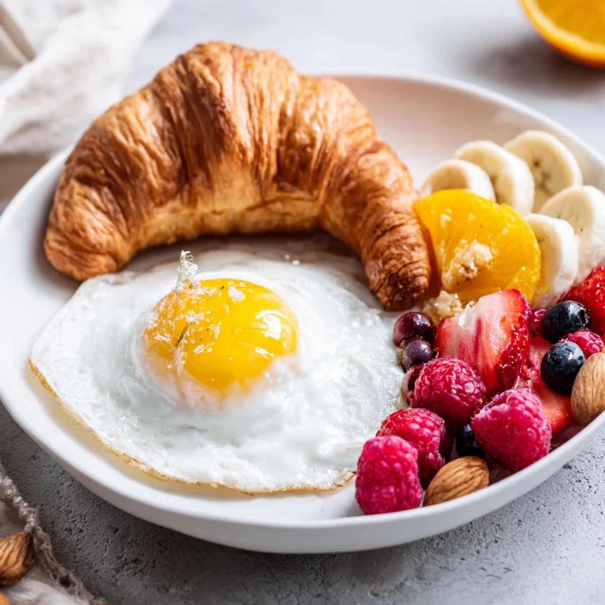 Enjoy the delicious fruits, yogurt, bread, and eggs of this beautiful Soleil Matinal breakfast.